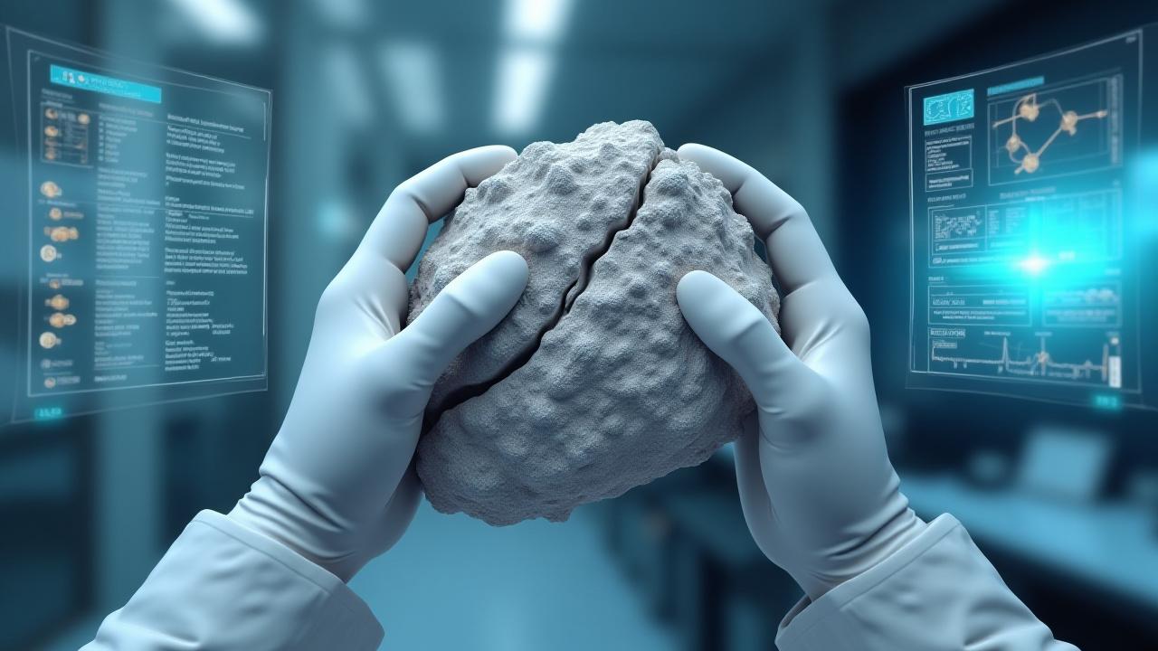 VR 환경에서 채취된 암석 코어 샘플을 분석하는 모습. 확대된 질감과 광물이 VR 인터페이스에 표시되어 있다.